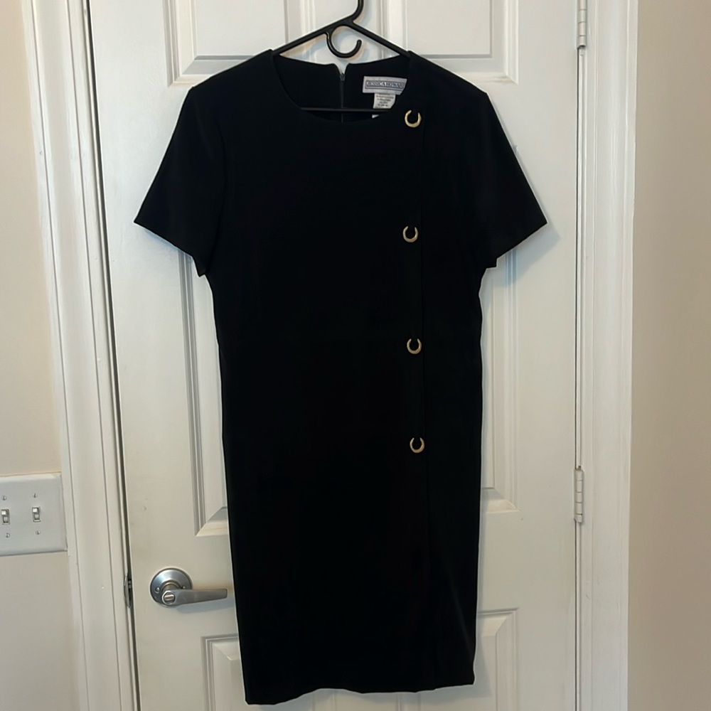 Jessica Howard Short Sleeve Suedette Black Dress with Gold Embellishment 16